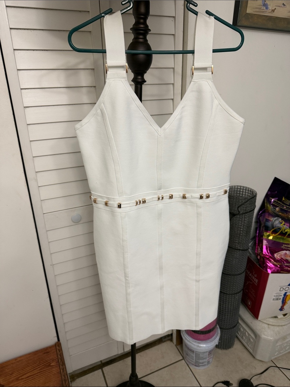 VENUS White V-Neck Mini Dress with Gold Hardware
